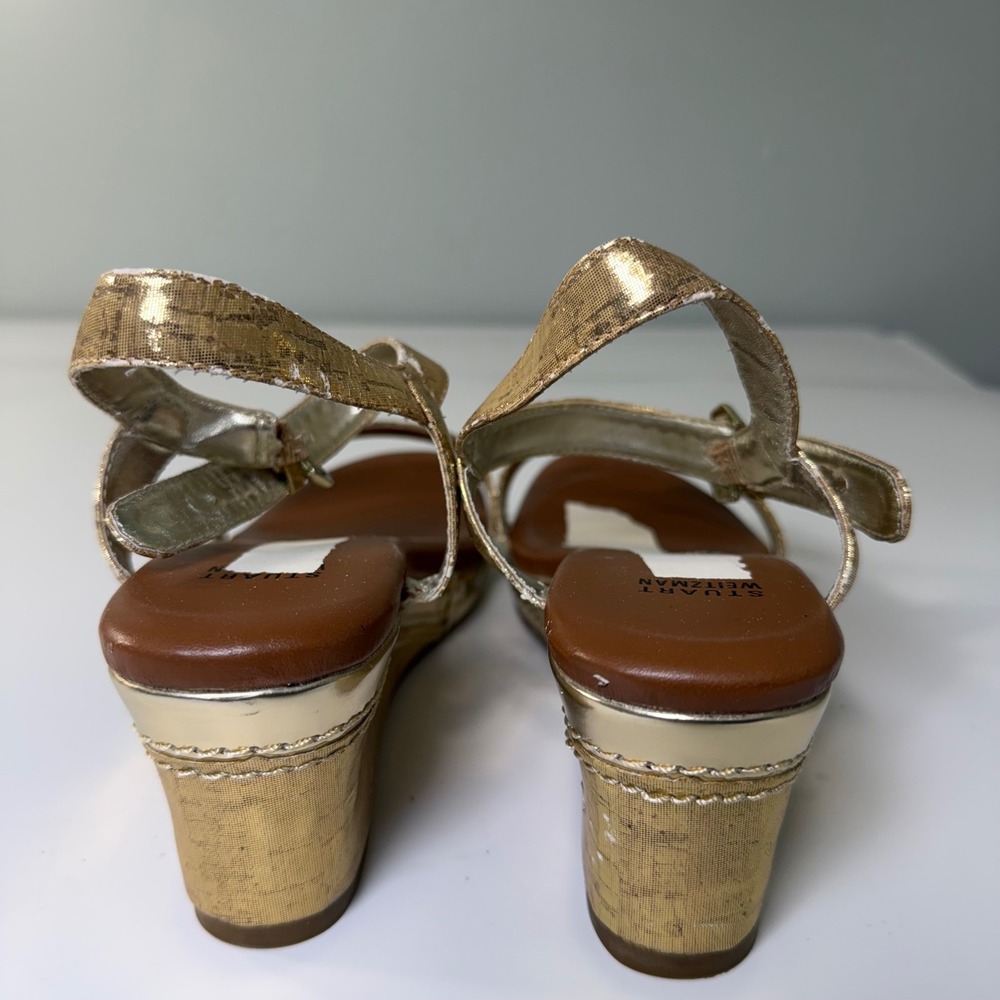 Stuart Weitzman Metallic Gold‎ Wedge Sandals Buckle Straps Size 4 US 36 Euro - Picture 4 of 10